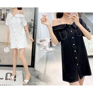 Contrast Stitching Cold Shoulder Mini Shirtdress