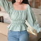 Off Shoulder Elbow-sleeve Blouse Green - One Size