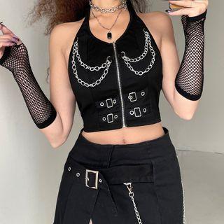 Halter Chain Accent Zip-up Crop Tank Top