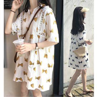 Bow Print Elbow Sleeve Dress