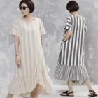 Cuff-sleeve Striped Linen Blend Dress