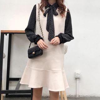 Tie-neck Dotted Shirt / Sleeveless Ruffle-hem A-line Dress