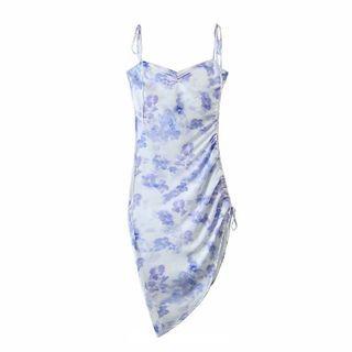 Flower Print Spaghetti-strap Asymmetric Sheath Dress
