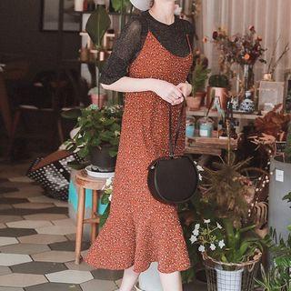 Set: Short-sleeve Sheer Top + Strappy A-line Midi Dress