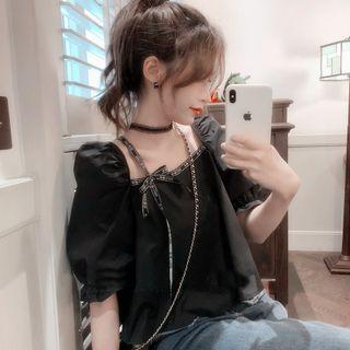 Puff-sleeve Square Neck Drawstring Plain Blouse