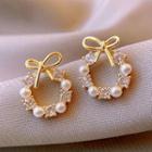 Bow Faux Pearl Hoop Earring 1 Pair - Stud Earring - Gold - One Size
