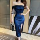 Off Shoulder Mesh Panel Sheath Dress