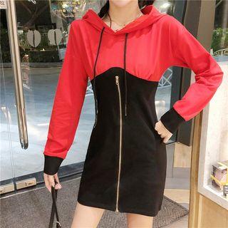 Two-tone Front-zip Mini Hoodie Dress