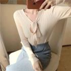 Bow-accent Long-sleeve Slim-fit Knit Top