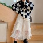 Plaid Cardigan / Midi A-line Mesh Skirt