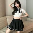 Short-sleeve Embroidered Printed Bow Cropped Shirt / High-waist Striped Pleated Skirt