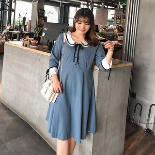 Collared Long-sleeve Midi A-line Dress