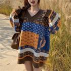 Print Sweater Blue & Brown & Tangerine - One Size