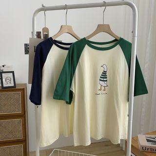 Round-neck Elbow-sleeve Cartoon Print Top