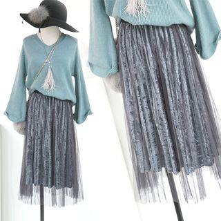 Elastic-waist Velvet Mesh A-line Skirt