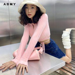 V-neck Plain Woolen Striped Cropped Sweatshirt