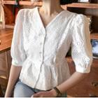 V-neck Puff-sleeve Eyelet Peplum Blouse