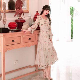 Balloon-sleeve Floral Print Midi A-line Mesh Dress