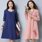 Floral Embroidered Long-sleeved A-line Sheath Cotton Dress