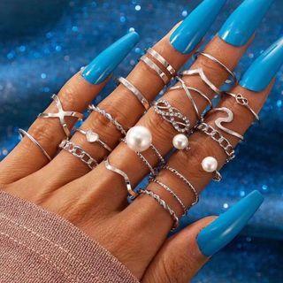 Set Of 19: Faux Pearl Ring + Layered Ring + Alloy Ring + Cz Ring