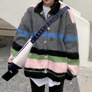 Color Block Cardigan Stripe - Pink & Black & Gray - One Size