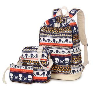 Set Of 3: Skull Print Backpack + Crossbody Bag + Pouch