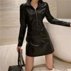 Long-sleeve Faux Leather Zipped Dress