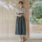 Elbow-sleeve Maxi Skirt Hanbok Set (floral / Charcoal Gray)