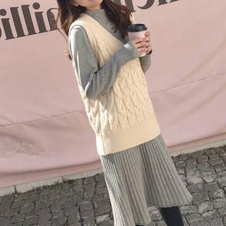 Set: V-neck Cable-knit Vest + Long-sleeve Mock Neck Midi Knit Dress