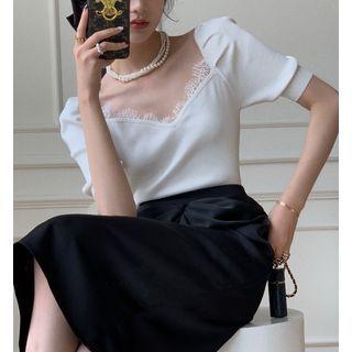 Puff Sleeve Sweetheart Neckline Lace Trim Knit Top