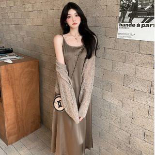 Spaghetti-strap Midi A-line Dress / Pointelle Knit Cardigan