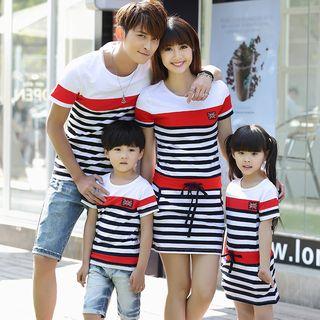 Family Matching Striped Short Sleeve T-shirt / Short Sleeve Drawstring Waist Dress