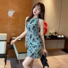 Flower Print Halter-neck Open Back Mini Sheath Dress