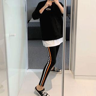 Set: Letter-printed Layered-hem Sweatshirt + Piped Leggings