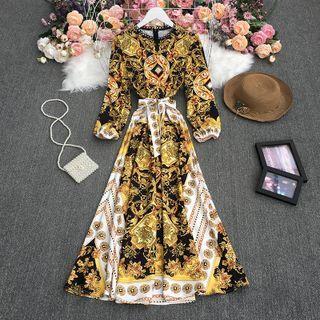 Long-sleeve Printed Midi A-line Dress Yellow - One Size