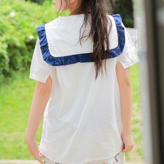 Frill Trim Collared Short Sleeve Top