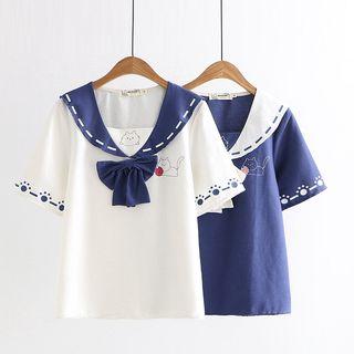 Short-sleeve Cat Print Wide Collar Top