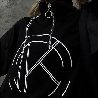 Printed Zip Detail Mock-neck Elbow-sleeve T-shirt