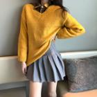 Plain Loose-fit Sweater / Check Long-sleeve Shirt / Pleated Skirt