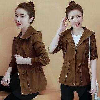 Hooded Long-sleeve Plain Drawstring Jacket