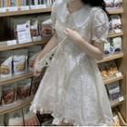 Short-sleeve Beaded Collar A-line Dress