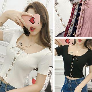Lace Up Front Short Sleeve Knit Top