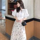 Set: Puff-sleeve Cardigan + Dotted Accordion Pleat Midi A-line Skirt