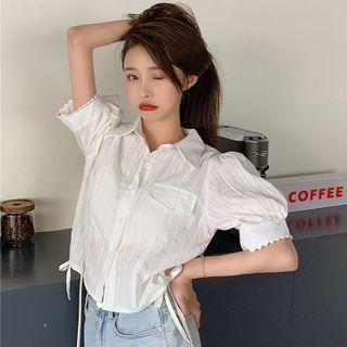 Puff-sleeve Plain Drawstring Crop Shirt