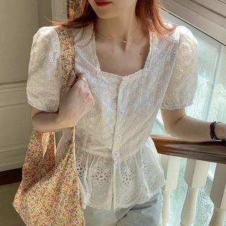Square-neck Short-sleeve Peplum Eyelet Blouse White - One Size