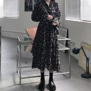 Flower Print Long-sleeve Midi A-line Dress Floral - One Size