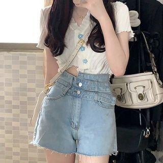 Short-sleeve Flower Button Knit Top / High Waist Denim Shorts / Set