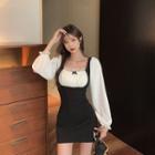 Long-sleeve Mock Two-piece Lace Trim Mini Sheath Dress Black & White - One Size