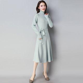 Long-sleeve Turtleneck Midi A-line Knit Dress
