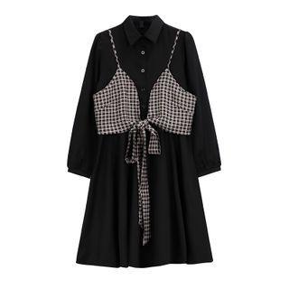 Set : Long-sleeve Plain Shirtdress + Plaid Camisole Top